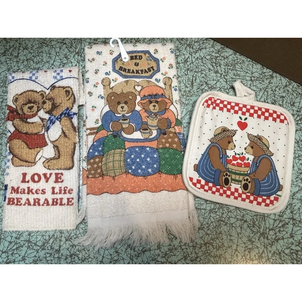 VTG 80s 90s Teddy Bears Kitchen Towel Dishcloth Potholder Set Deadstock New